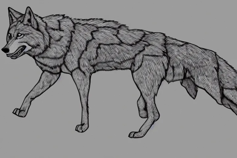 Image similar to digital art of a full-body outline of a running wolf, simple, no color, high quality, HD, 8K,