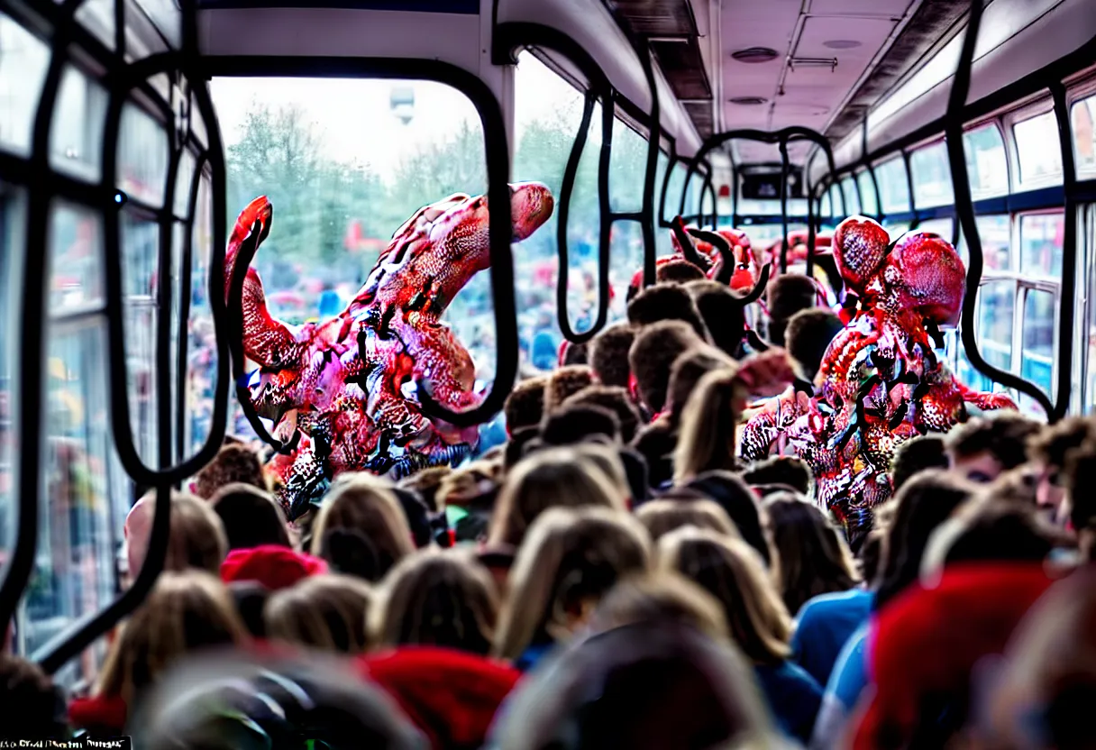 Image similar to a wide photo of a interior of a crowded bus with a huge octopus trying to get in, octopus beak can be seen, arms creeping in thrugh the windows, people are scared and screaming while trying to free through the windows and doors,