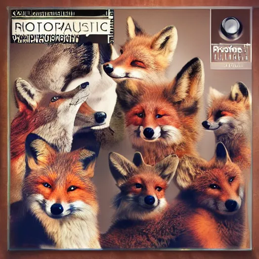 Image similar to photorealistic music album cover, with foxes animals wearing clothes, all looking at camera, studio lighting, award winning photograph, 8 5 mm f / 1. 4