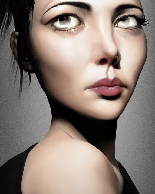 Prompt: portrait of a tall 4 0 - year - old woman with thin lips, long, lush black hair gathered on the head bun, and thick eyebrows, wearing in black clothes, aristocratic appearance, hyper realistic face, beautiful eyes, character art, art by mark brooks, hyperdetailed, cryengine, trending on artstation, digital art