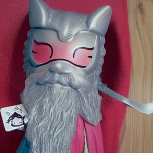 Prompt: portrait of gandalf as Hello Kitty, holding a blank playing card up to the camera, movie still from the lord of the rings