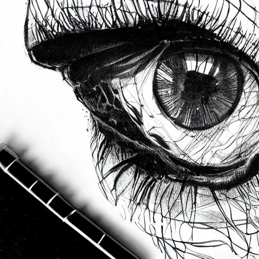 Image similar to highly detailed ink sketch of a human eye heavy black high contrast anatomical detail black and white