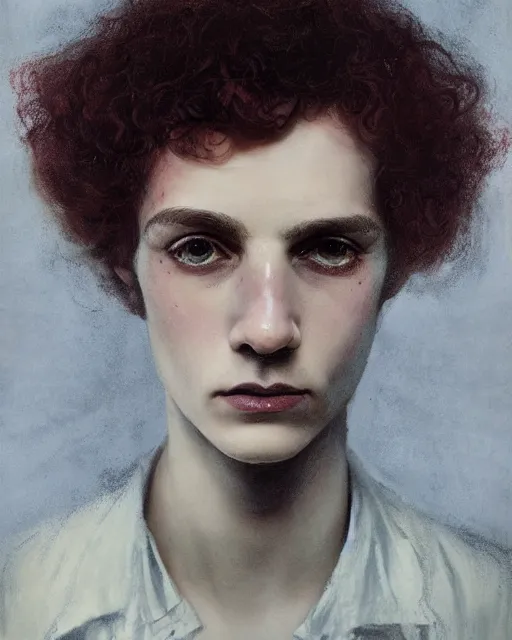 Prompt: a beautiful but sinister young man in layers of fear, with haunted eyes and curly hair, 1 9 7 0 s, seventies, delicate embellishments, a little blood, pastel hair, painterly, offset printing technique, mary jane ansell
