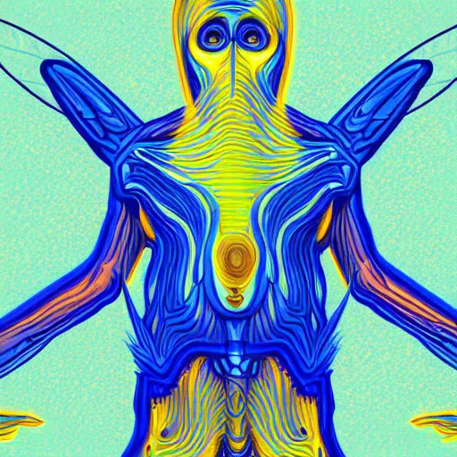 Image similar to human man that resembles a wasp morh in surreal sketch style, blue and yellow gradient, noise, ultrafine detail, hd 8k, logo illustration