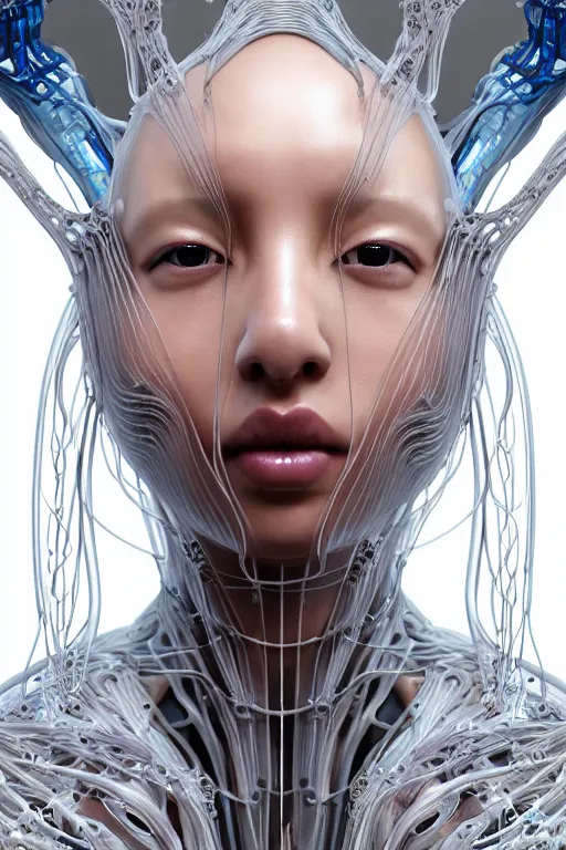 Prompt: baautiful woman asian face, iris van herpen, perfect symmetrical body, full body shot, inflateble shapes, wires, tubes, veins, jellyfish, white biomechanical details, wearing epic bionic cyborg implants, masterpiece, intricate, biopunk, vogue, highly detailed, artstation, concept art, cyberpunk, octane render