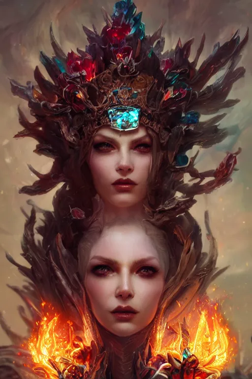 Image similar to beautiful demon model wearing crystal crown full of jewels and blood electricity, warhammer, cyberpunk, 3 d render, hyper realistic detailed portrait, holding fire flowers, scifi, fantasy, hyper detailed, octane render, concept art, peter mohrbacher, artgerm, ruan jia, wlop