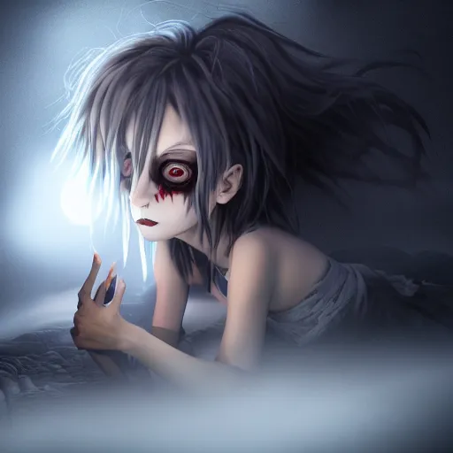 Image similar to full shot portrait of angry darkness anime girl hide under a bed at moonlight, gothic wearing, worrying eyes, inspired by Tim Burton, detailed, unreal engine 4k volumetric light, dense fog,