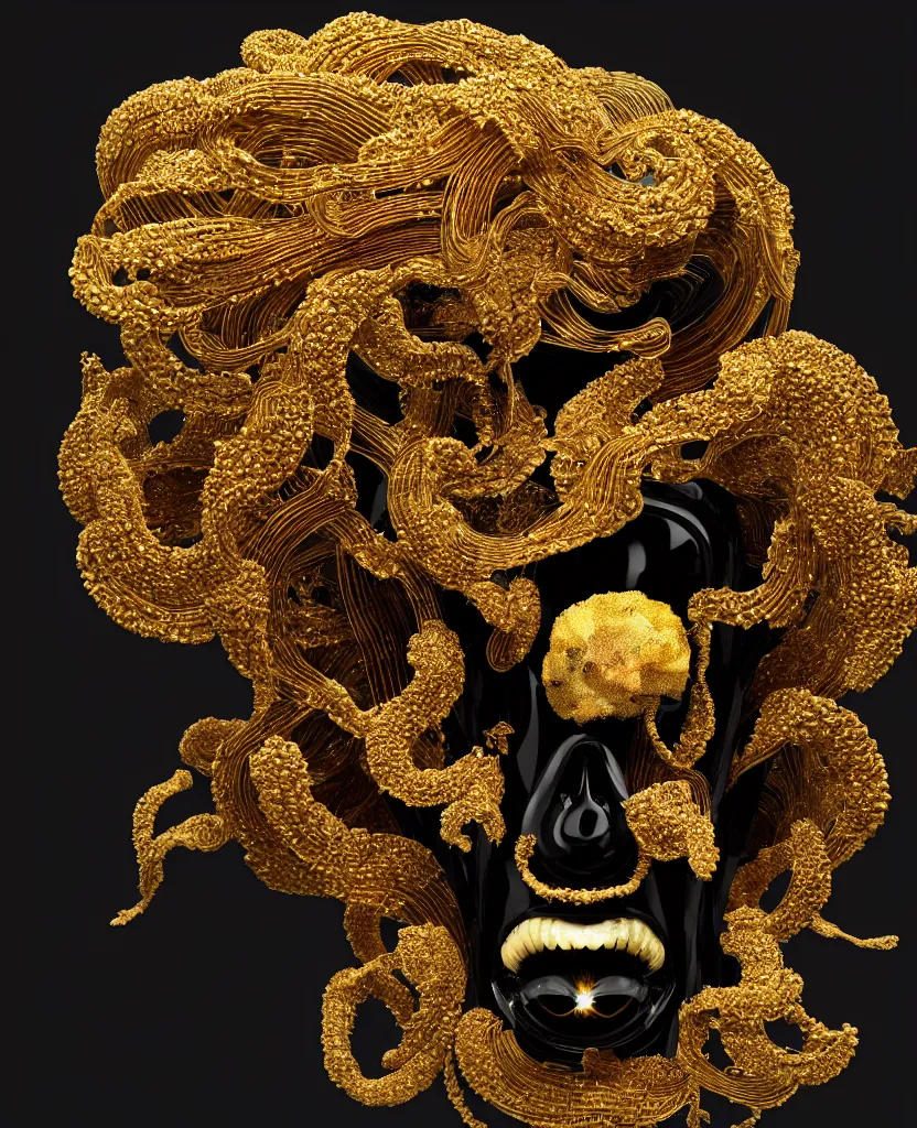 Image similar to fully black background. background hex 000000. goddess princess face close-up portrait ram skull. sculpture made of gold and decorated with brilliants. jellyfish phoenix head, nautilus, orchid, skull, betta fish, bioluminiscent creatures, intricate artwork by Tooth Wu and wlop and beeple. octane render, trending on artstation, greg rutkowski very coherent symmetrical artwork. cinematic, hyper realism, high detail, octane render, 8k