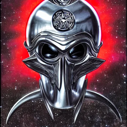 Prompt: high fantasy 1 9 8 0's wargame airbrushed artwork, a giant silver reflective chrome android wearing a mask shaped like an intricately carved beautiful human skull with a giant red pentagram on top and shiny glowing red demonic eyes, shiny black latex armor, inside a futuristic army base