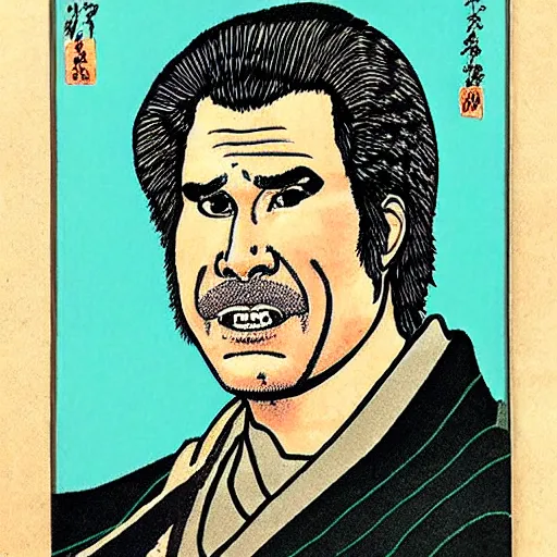 Image similar to portrait of will ferrell in the style of hokusai ukiyo - e woodblock print