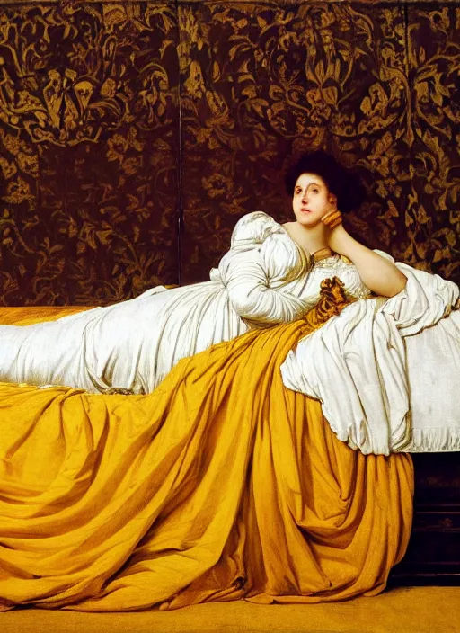 Prompt: masterpiece portrait of lady reclining on bed, rococo flowing cloth in wind raising twisting rising sheets floating in wind flying, wearing yellow ochre ornate medieval dress, vertical, foreshortening, colour photography by frederic leighton, william morris, 8 k