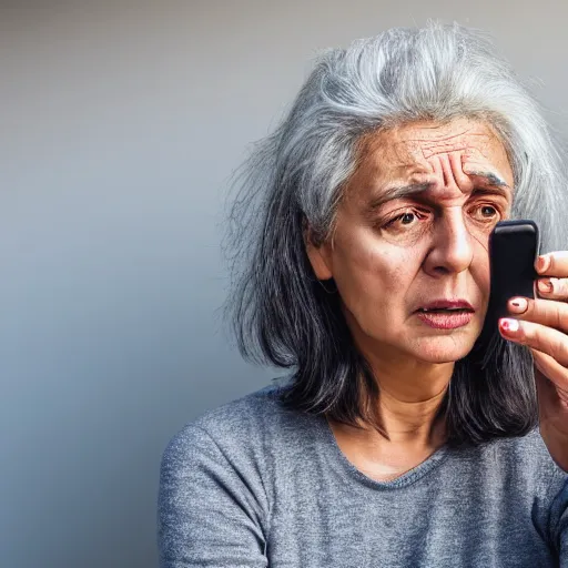 Image similar to astonished and angry middle aged lady looking at smartphone, uncombed hair, greek ethnicity, persian face structure, straight grey hair, angry eyes, photo, realistic, outdoor lighting, 4 k, 8 k, hd, 3 9 mm lens