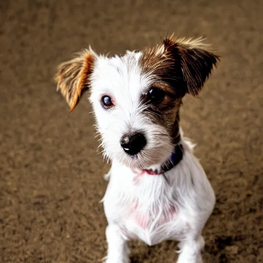 Image similar to a high quality photograph of a scruffy wire haired jack russell terrier puppy, white with chocolate brown spots, brown patches over both eyes. friendly, curious expression.