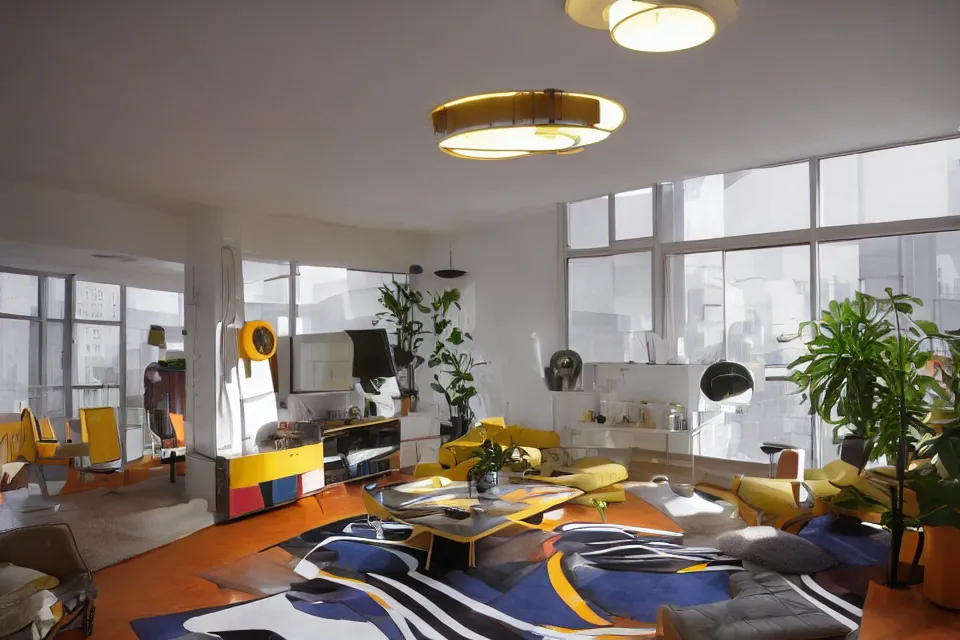 Image similar to retro futuristic apartment with lighting design by kubrick moonbase style, 7 0 s hi fi system, funky furniture, house plants, modern art