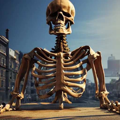 Prompt: Giant skeleton stands in the middle of the street, looks at the sun, volumetric lighting, hyperrealistic, beautiful details, HDR, octane render,