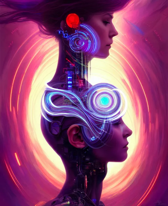 Image similar to a whirlwind of souls rushing inside the metaverse, hologram, half body, neurochip, shaved temple, piercing, jewelry, android, cyborg, cyberpunk face, by loish, d & d, fantasy, intricate, elegant, highly detailed, colorful, digital painting, artstation, concept art, art by artgerm and greg rutkowski and alphonse mucha