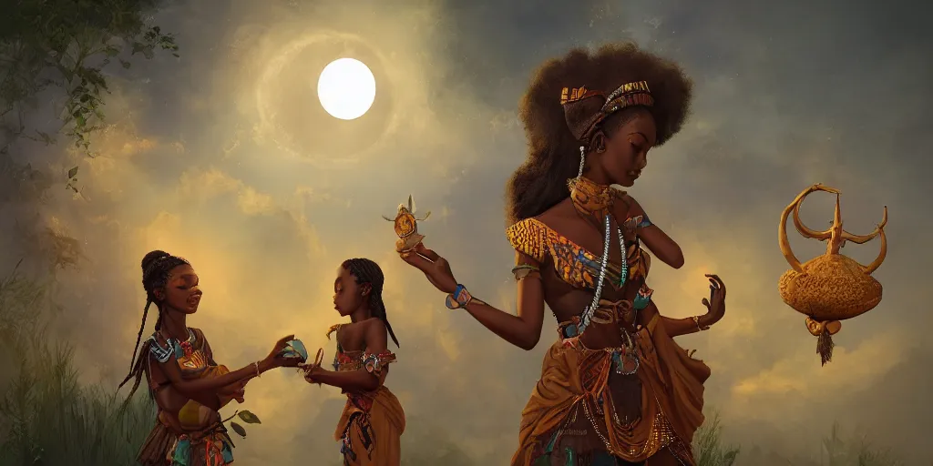 Prompt: african princess giving an offering to a heavenly being, at night, whimsical, full moon, moonlit, wildlife, mystical beasts, cinematic lighting, trending on artstation and cgsociety