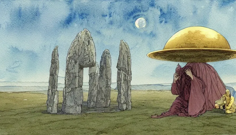 Image similar to a realistic and atmospheric watercolour fantasy concept art of a golden ufo landing in stonehenge. a giant medieval monk in grey robes on his knees praying. a crescent moon in the sky. muted colors. by rebecca guay, michael kaluta, charles vess and jean moebius giraud