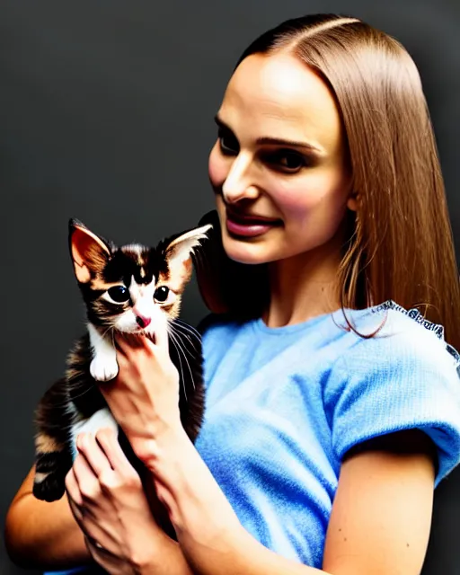 Prompt: a girl looking like natalie portman, holding a robotic kitten. 8k, sharp high quality