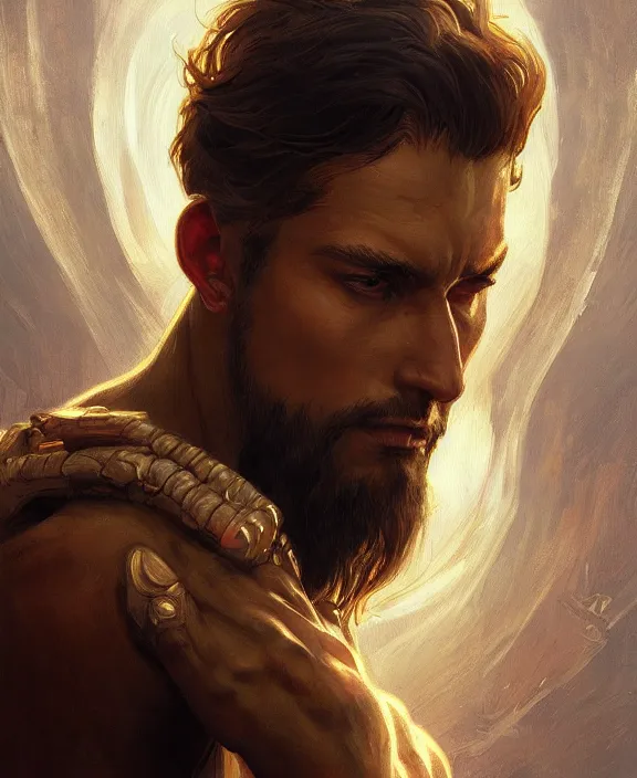 Image similar to portrait close up of man, concentrated look, symmetry, with an explosion on the back, d & d, fantasy, intricate, elegant, highly detailed, digital painting, artstation, concept art, art by artgerm and greg rutkowski and alphonse mucha, boris vallejo