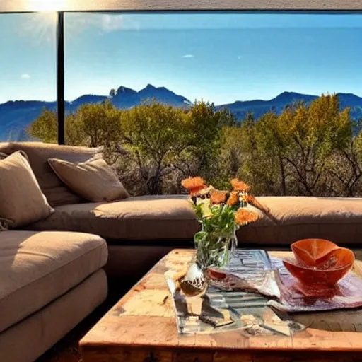 Image similar to cute coffee table overlooking blurred out rustic country mountains in the background and sunny sky