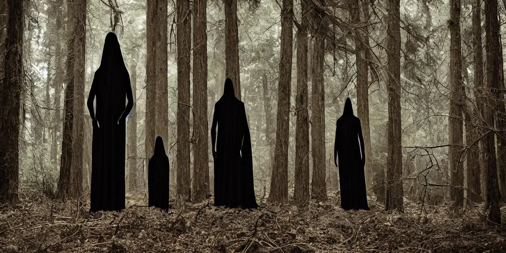 Prompt: a photograph of several tall dark evil figures in the deep California woods in the style of Alex Stoddard