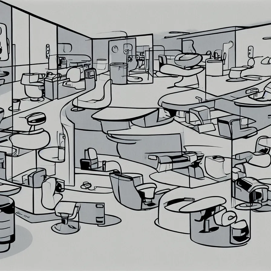 Image similar to concept art of jetsons cartoon scenario of a futuristic hair salon, painted by dieter rams