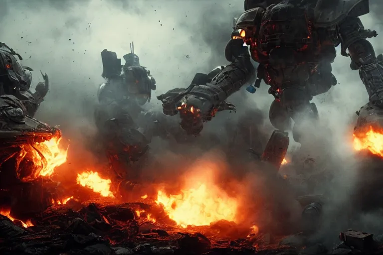 Image similar to VFX movie of futuristic cybernetic beast monsters fighting space marines lunging, war zone, battlefield, debris, fire , natural lighting by Emmanuel Lubezki