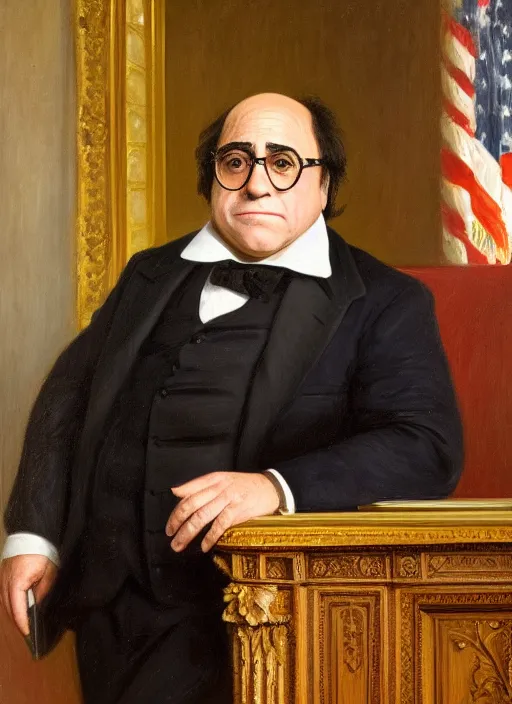 Image similar to portrait of the united states president, 1 8 6 7, danny devito. standing in the oval office. oil on canvas by william sidney mount, trending on artstation