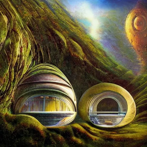 Prompt: beautiful portrait of bamboo living pods shaped like a sea shell embedded on the side of a cliff, windows, the time machine, spaceship by john berkey, panoramic view, ssci - fi, futuristic valley, rendered in octane, art by artgerm, artwork by peter gric and brian froud and esao andrews and david hardy