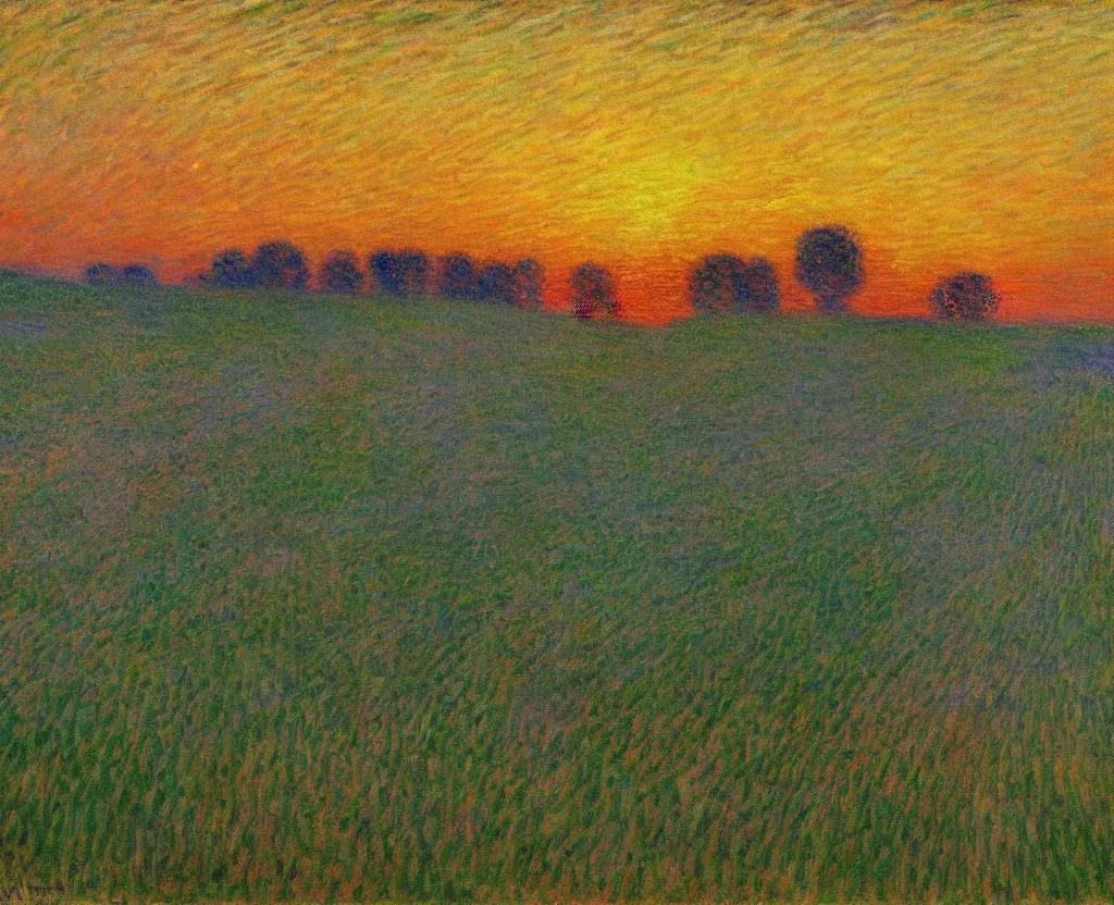 Image similar to an impressionism painting of endless cornfields at sunset, volumetric lighting, godrays, light rays, claude monet