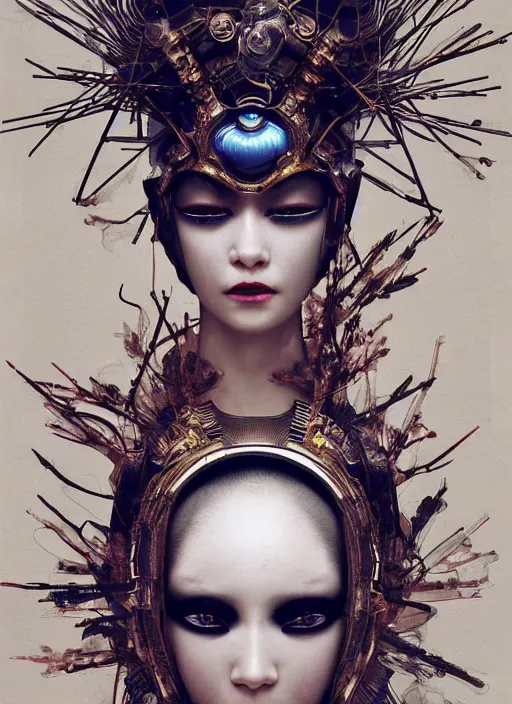 Image similar to portrait of a sensual futuristic geisha cyborg with headpiece, kintsugi, modern fine art, fractal, in the style of ghosts in the shell, intricate ornaments, elegant, highly detailed, digital photography, subsurface scattering, by jheronimus bosch and greg rutkowski,