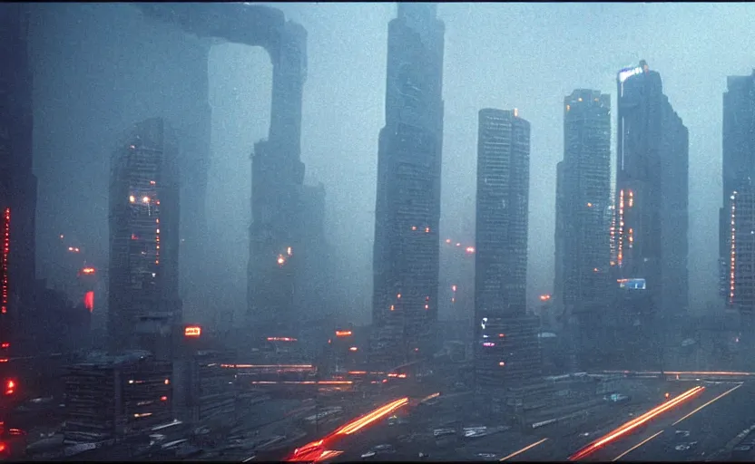 Prompt: 35mm atmospheric urban photographic landscape of Lima, Peru 20XX, Blade Runner 1982 city, futuristic dystopian megacity skyline with some skyscrapers, falling rain, neon, industrial fires and smog