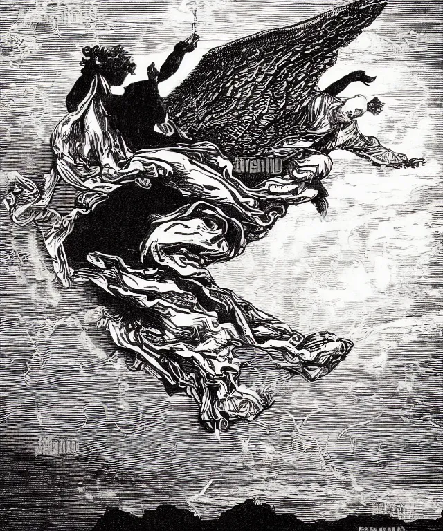 Image similar to silhouette of angel falling from heaven, art by james o barr and albrecht durer and gustave dore, woodblock print, engraved, black and white, vector, vector art