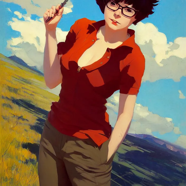 Image similar to Painting of Velma Dinkley in the style of Cowboy Bebop, countryside, calm, fantasy character portrait, dynamic pose, above view, sunny day, thunder clouds in the sky, artwork by Jeremy Lipkin and Giuseppe Dangelico Pino and Michael Garmash and Rob Rey and Greg Manchess and Huang Guangjian and Makoto Shinkai, very coherent asymmetrical artwork, sharp edges, perfect face, simple form, 100mm