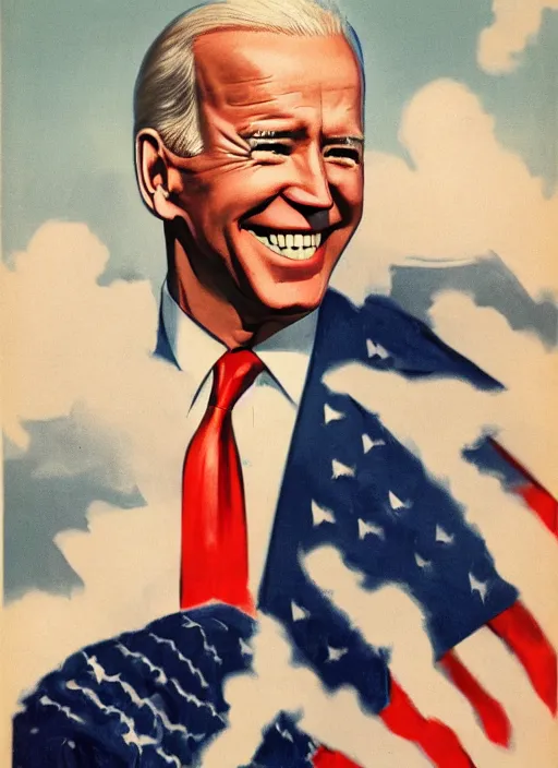 Prompt: first person perspective of joe biden staring down at you ominously with a big smile, 1940s propoganda art