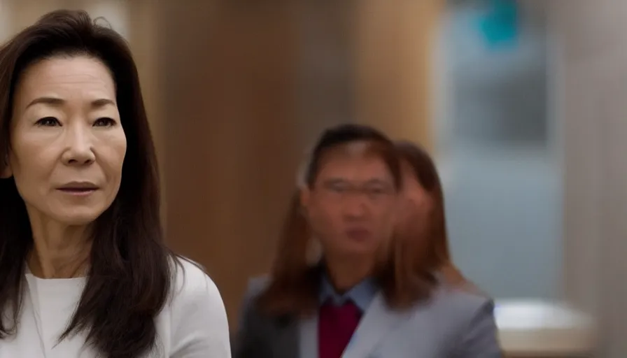 Image similar to michelle yeoh as evelyn wang from everything everywhere all at once ( 2 0 2 2 ) inside irs building, directed by'daniels ', cinematography by larkin seiple, martial arts multiverse movie still