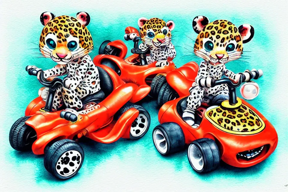 Image similar to cute and funny, baby leopard riding in a tiny go kart with oversized engine, ratfink style by ed roth, centered award winning watercolor pen illustration, isometric illustration by chihiro iwasaki, edited by range murata, tiny details by artgerm and watercolor girl, symmetrically isometrically centered