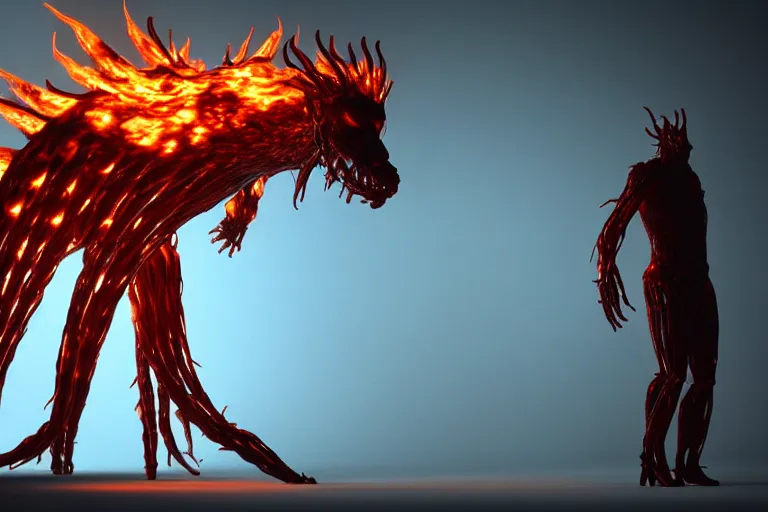 Image similar to fire creature made out of a humanoid nervous system with large meaty spikes all over the body, cinematic, volumetric lighting, f 8 aperture, cinematic eastman 5 3 8 4 film, photorealistic