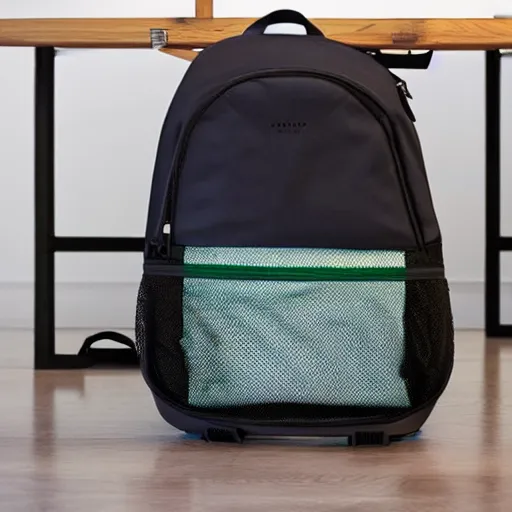 Image similar to a backpack is put under a table, backpack under a table