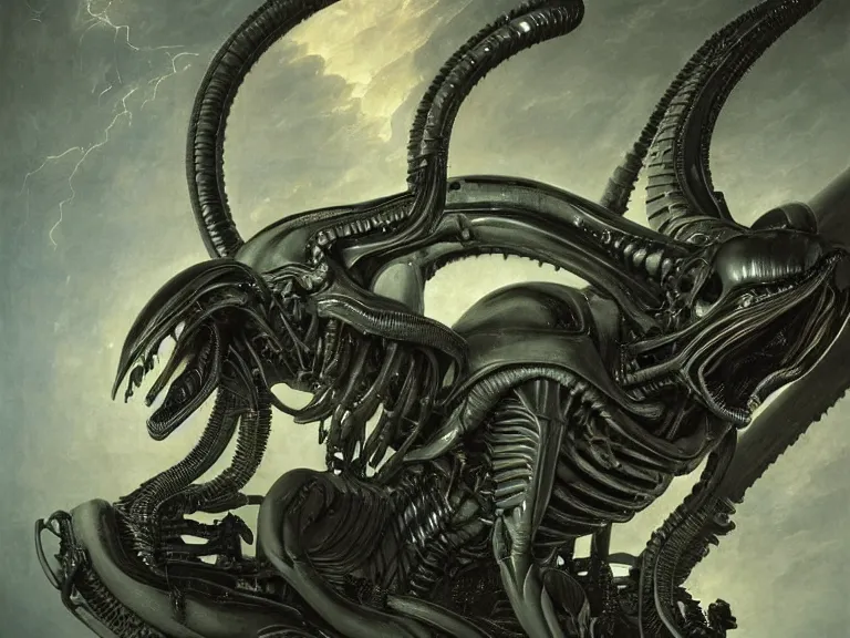 Image similar to a detailed profile painting of xenomorph, cinematic sci-fi poster. Spaceship high in the background. Flight suit, anatomy portrait symmetrical and science fiction theme with lightning, aurora lighting clouds and stars. Clean and minimal design by beksinski carl spitzweg giger and tuomas korpi. baroque elements. baroque element. intricate artwork by caravaggio. Oil painting. Trending on artstation. 8k