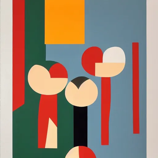 Prompt: A painting of 3 people in a room, abstract painting in the style of Sophie Taeuber-Arp and Gary Hume and Tatsuro Kiuchi, flat colour-block style, geometric abstraction, earthy light pastel colours