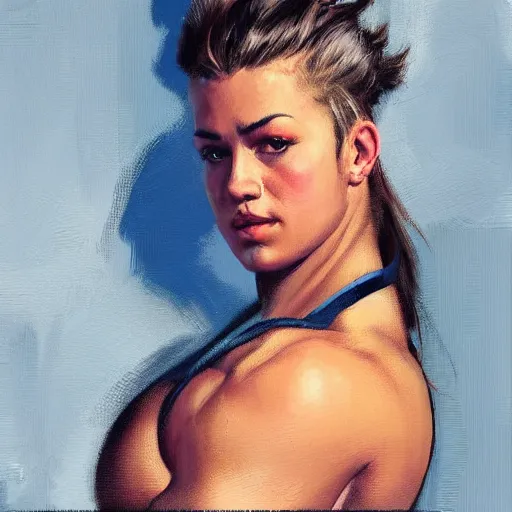 Image similar to greg manchess portrait of thick muscular weightlifter zarya from overwatch with ponytail and blonde hair, medium shot, asymmetrical, profile picture, organic painting, sunny day, matte painting, bold shapes, hard edges, street art, trending on artstation, by huang guangjian and gil elvgren and sachin teng