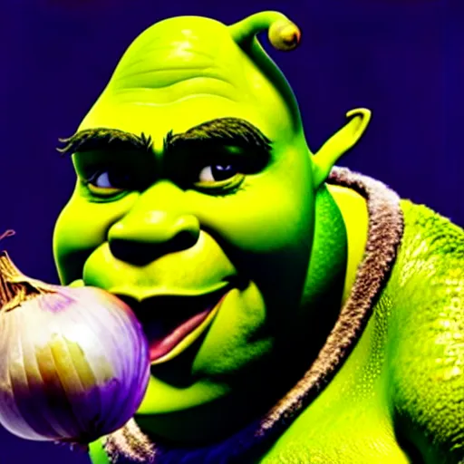 Prompt: a stock photo of shrek eating an onion, 8 k, ultra - realistic