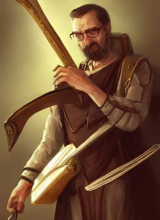 Image similar to illustration of gordon freeman from half - life as a bard playing a lyre, dressed in renaissance clothing, by greg rutkowski artstation