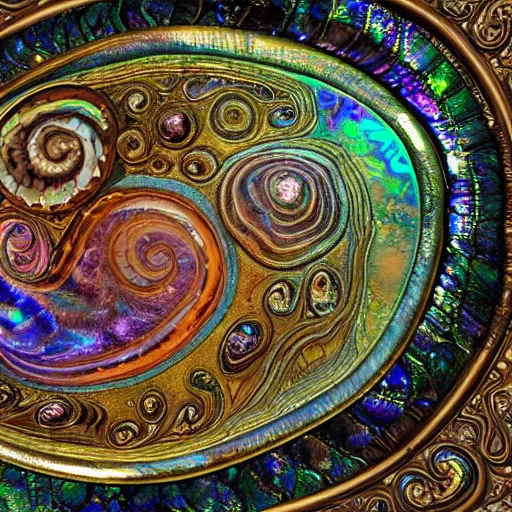 Image similar to Art Nouveau cresting oil slick waves, hyperdetailed bubbles in a shiny iridescent oil slick wave, ammolite, geode, detailed giant opalized ammonite shell, black opal, abalone, paua shell, ornate copper patina medieval ornament, rococo, organic rippling spirals, octane render, 8k 3D, druzy geode, cresting waves and seafoam