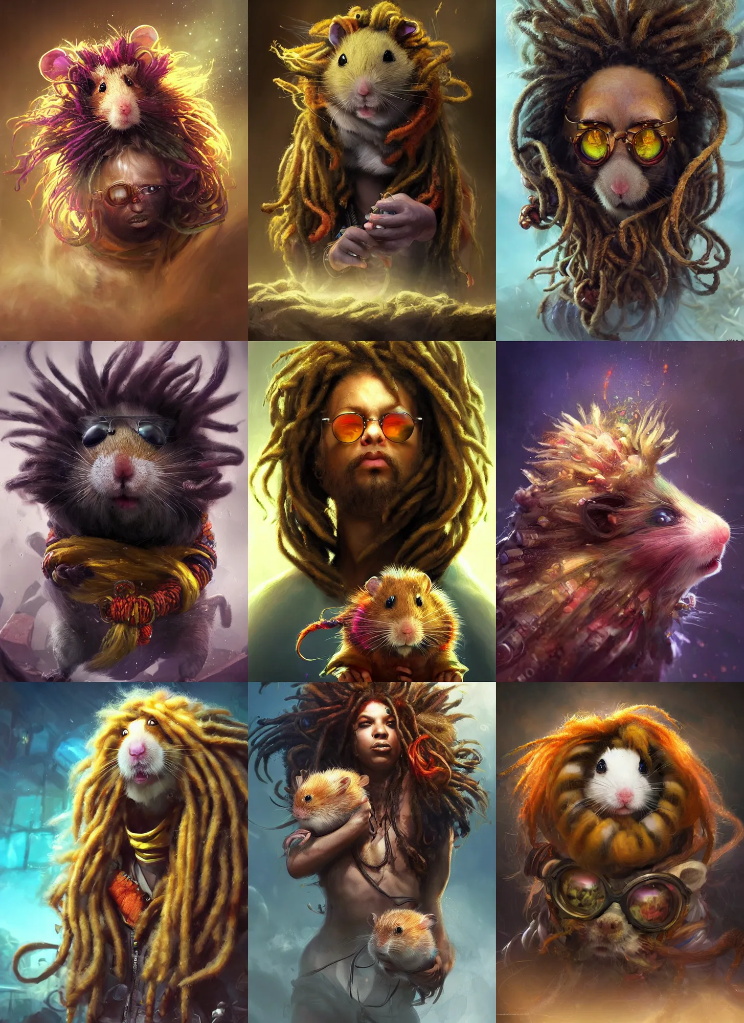 Prompt: hamster with dreadlocks, vivid colors, dark shadows, contrast, concept art, sharp focus, digital art, Hyper-realistic, 4K, Unreal Engine, Highly Detailed, Dramatic Lighting, Beautiful, by Brom, bastien lecouffe-deharme