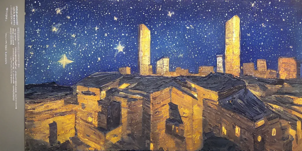 Image similar to stary night painting, norman foster tower, house, city