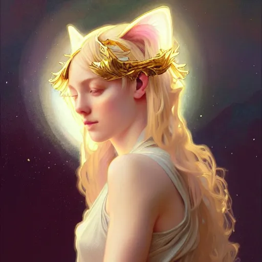 Image similar to Portrait of a girl angel with blonde hair, cat ears, glowing halo, wings, fantasy, intricate, elegant, highly detailed, digital painting, artstation, concept art, smooth, sharp focus, illustration, art by Krenz Cushart and Artem Demura and alphonse mucha
