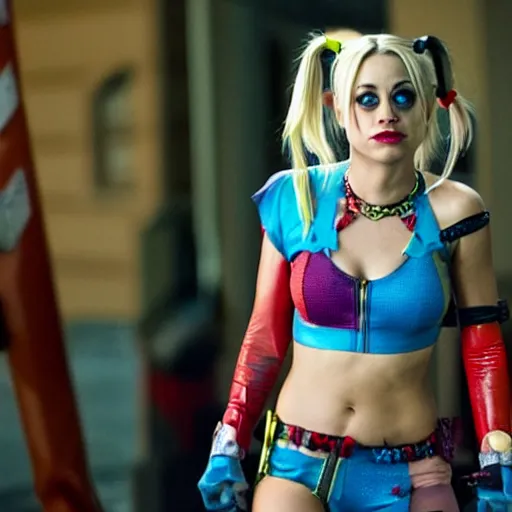 Image similar to A still of Kaley Cuoco as Harley Quinn